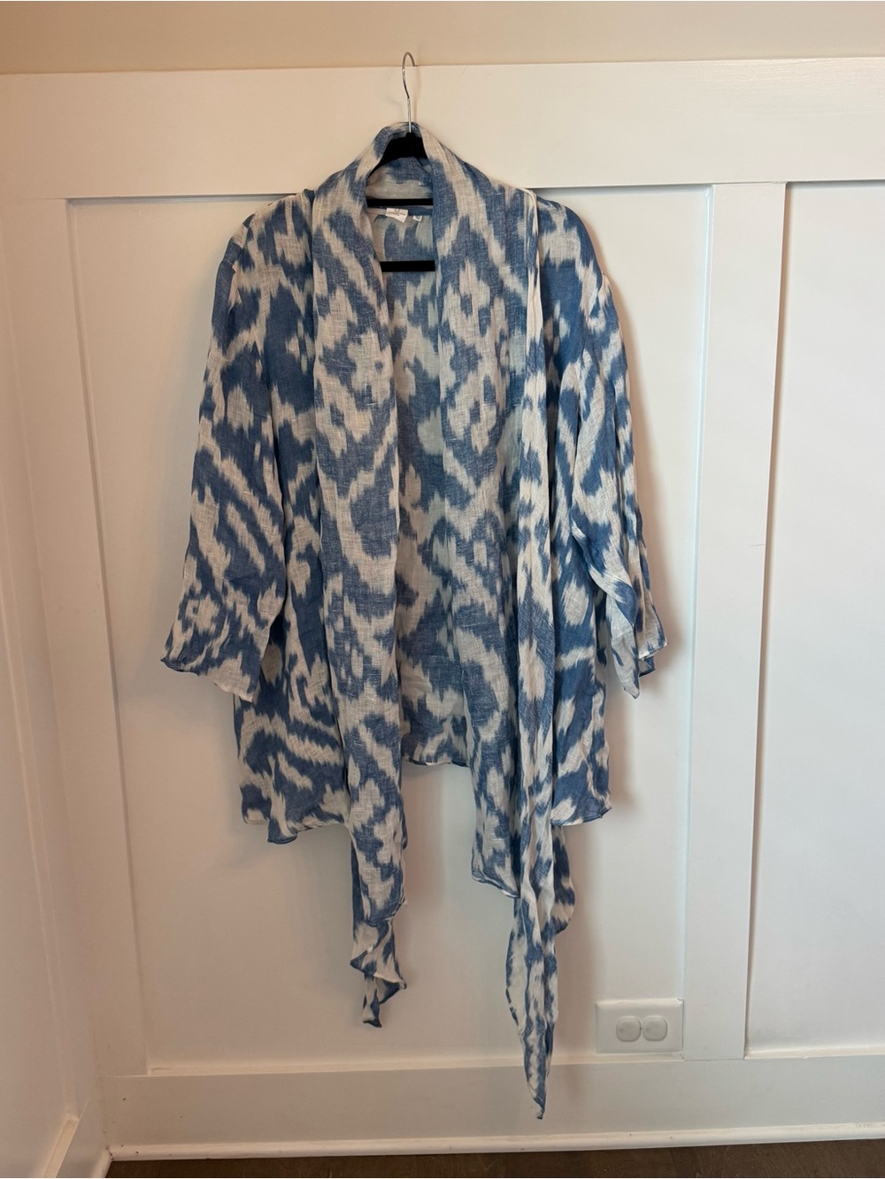 Jones New York 100% Linen 2XL Blue & White Patterned Open Front Kimono Wrap Boho
